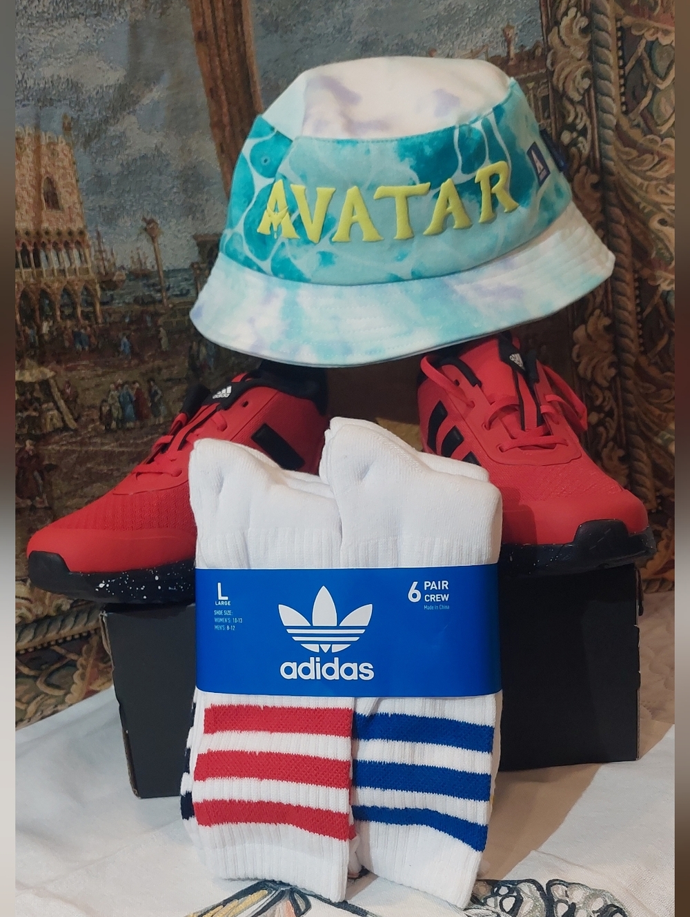 adidas White Crew Socks with Red & Blue Stripe Accents - 6 Pack
